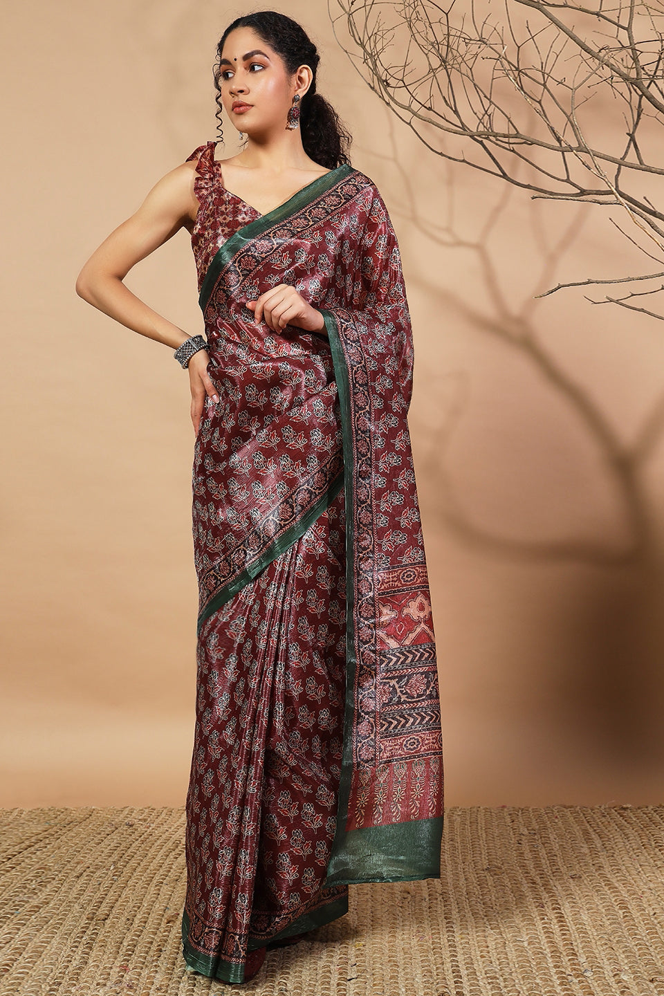 Ajrakh Prints Maroon Crush Gold Tissue Saree