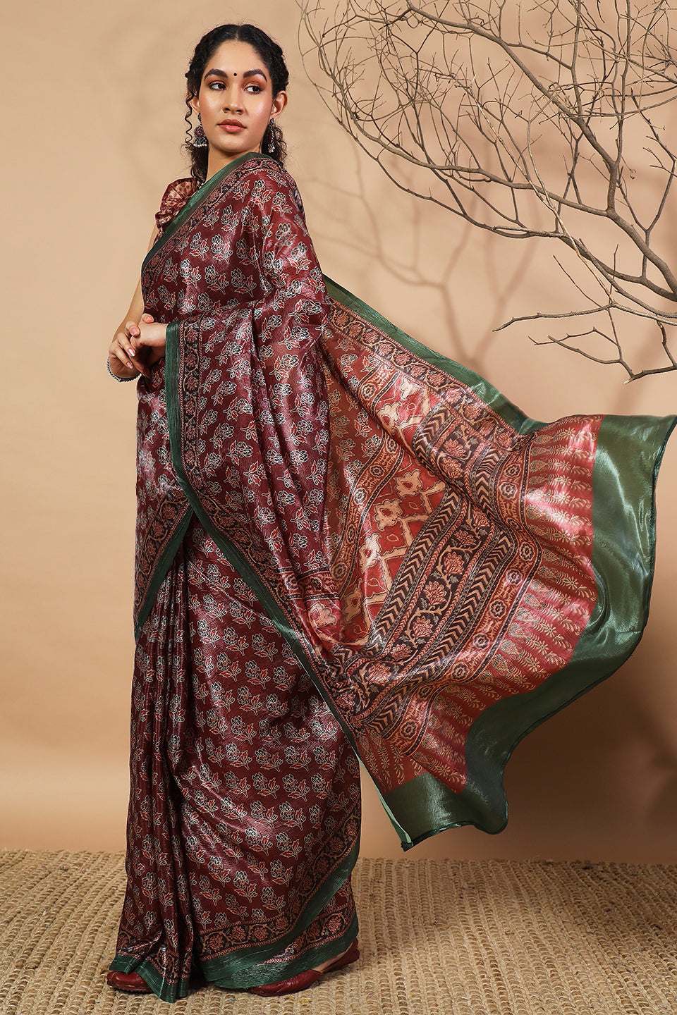 Ajrakh Prints Maroon Crush Gold Tissue Saree