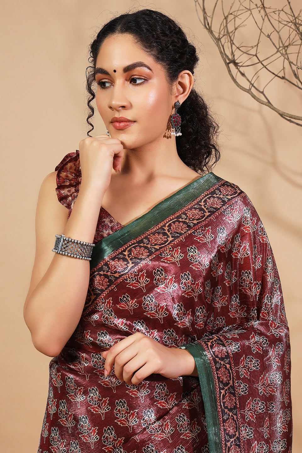 Ajrakh Prints Maroon Crush Gold Tissue Saree