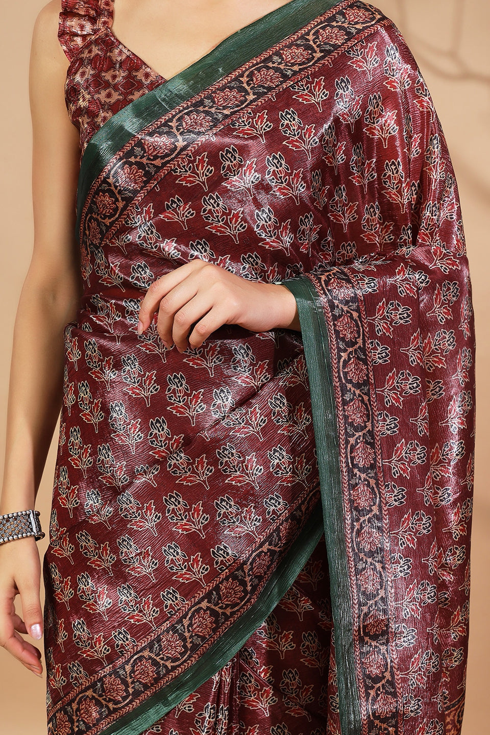 Ajrakh Prints Maroon Crush Gold Tissue Saree