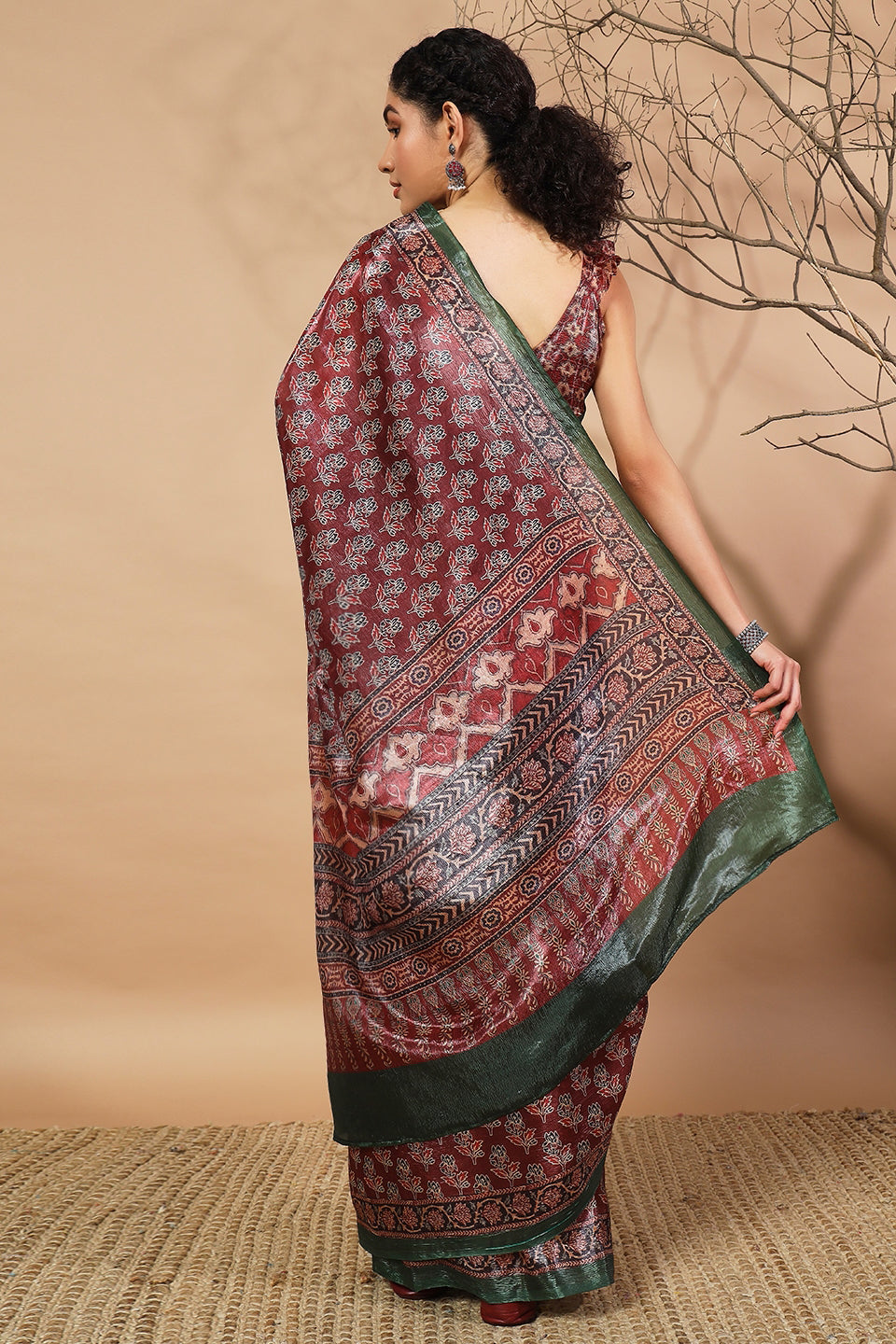 Ajrakh Prints Maroon Crush Gold Tissue Saree