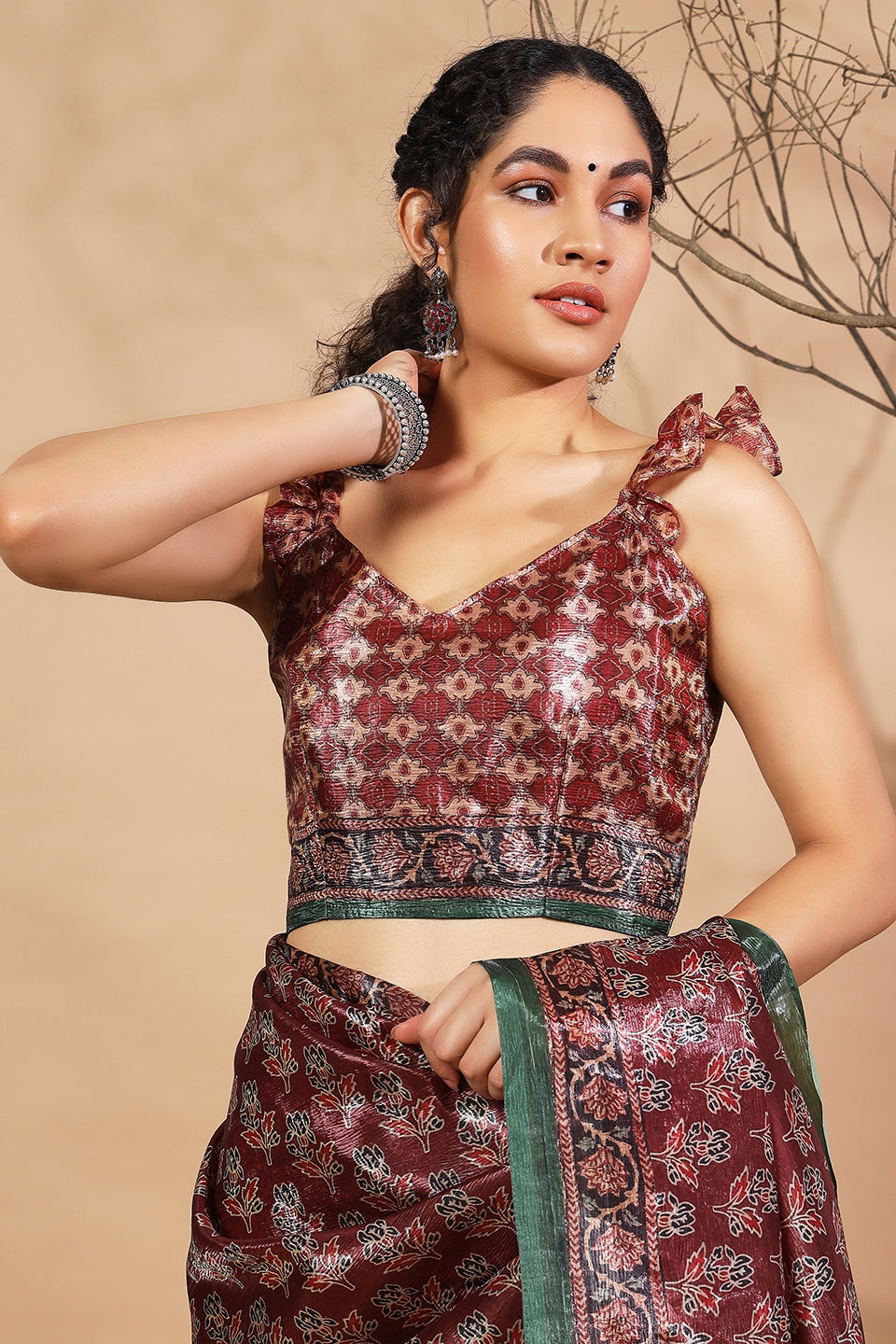 Ajrakh Prints Maroon Crush Gold Tissue Saree