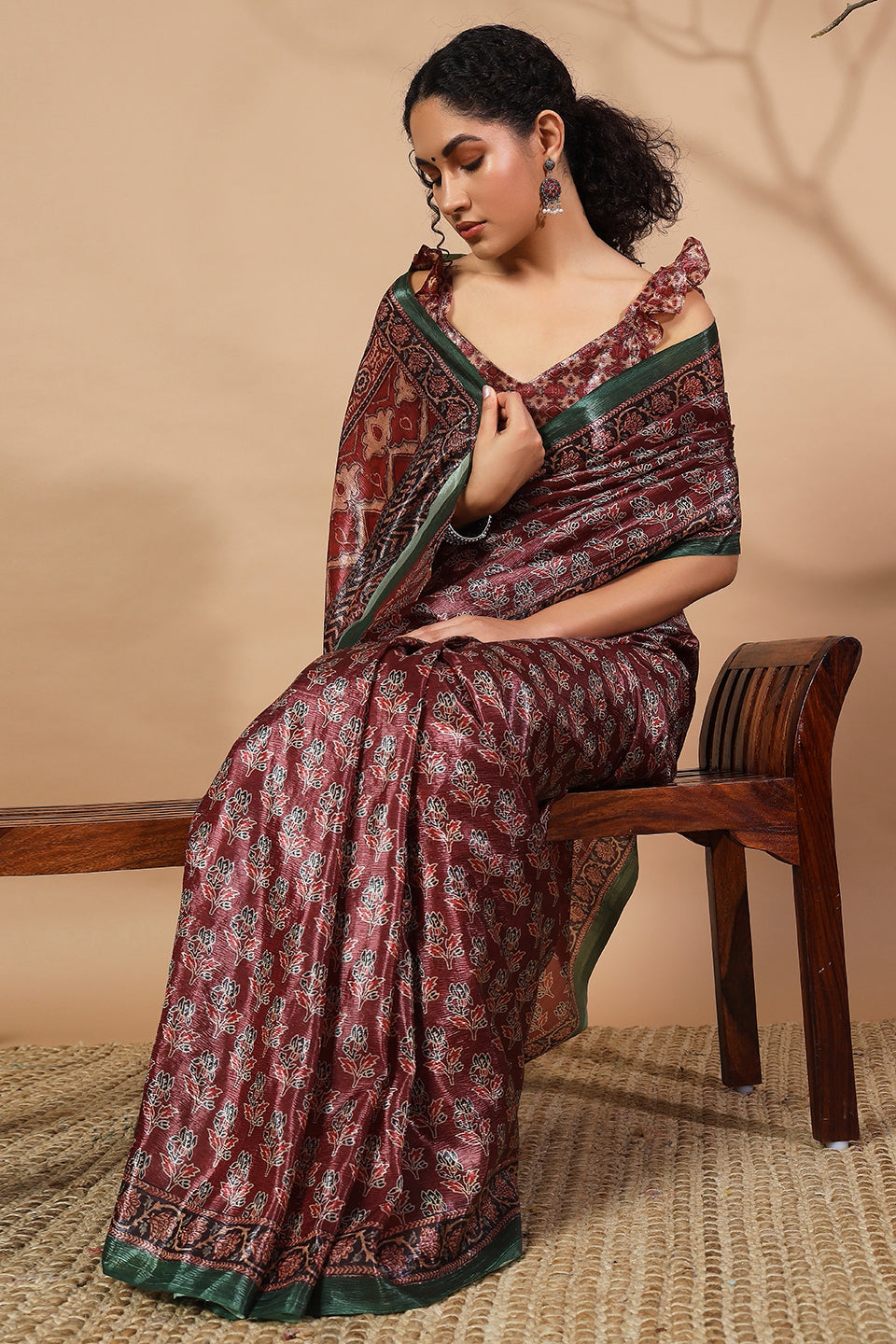 Ajrakh Prints Maroon Crush Gold Tissue Saree