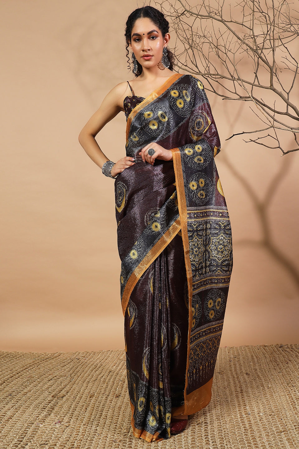 Tabla Prints Rich Silver Black Crush Gold Tissue Saree