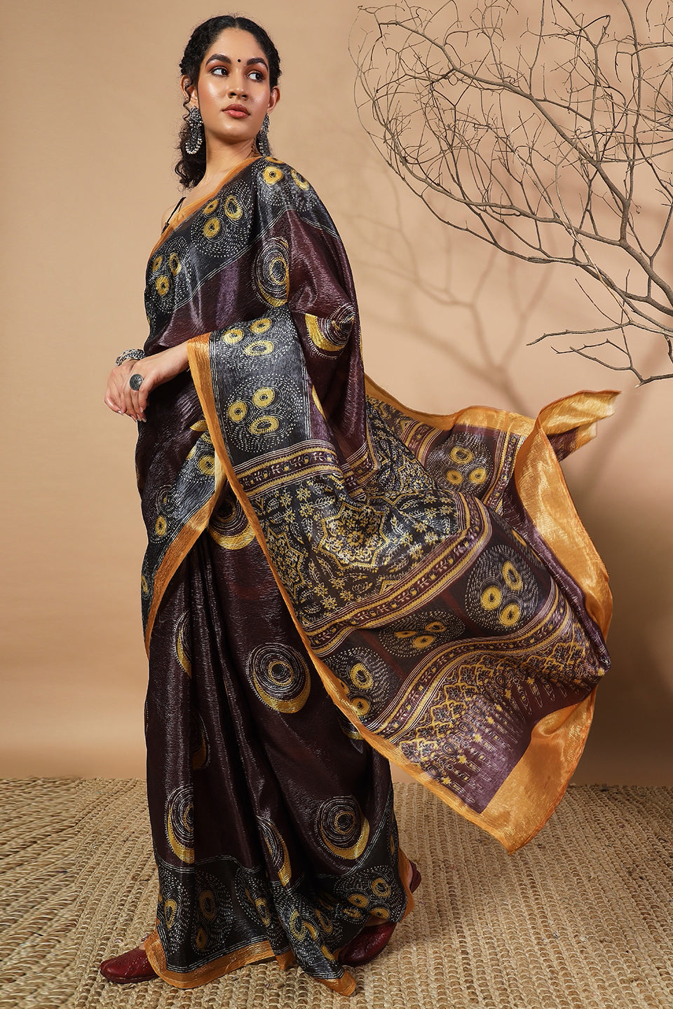 Tabla Prints Rich Silver Black Crush Gold Tissue Saree