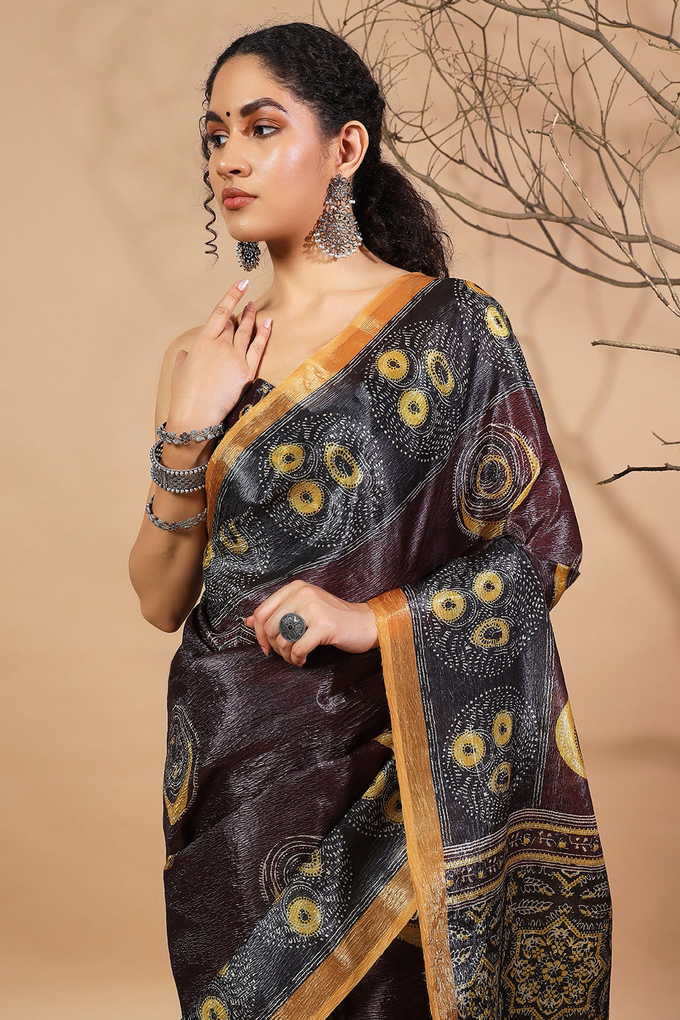 Tabla Prints Rich Silver Black Crush Gold Tissue Saree