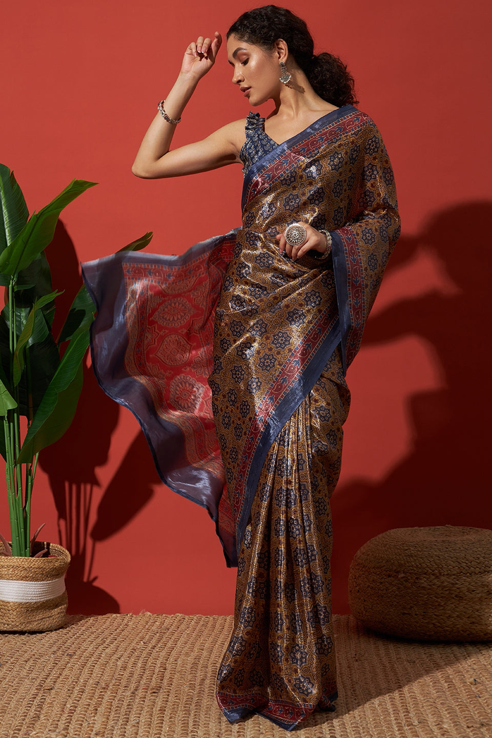 Ajrakh Prints Rich Mustard Blue Crush Gold Tissue Saree