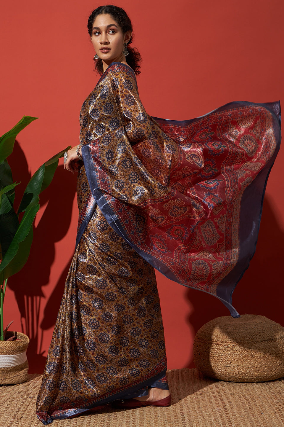 Ajrakh Prints Rich Mustard Blue Crush Gold Tissue Saree