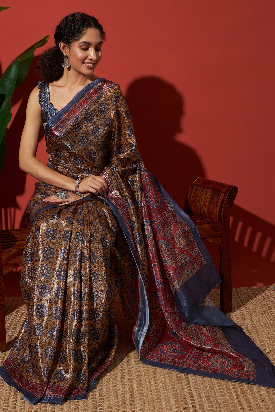Ajrakh Prints Rich Mustard Blue Crush Gold Tissue Saree