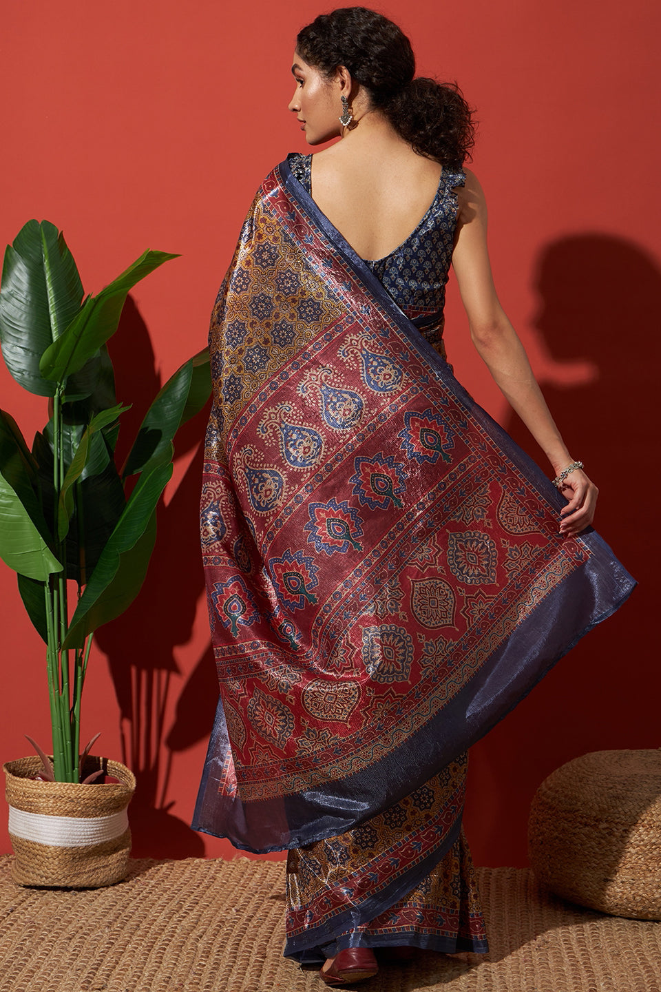 Ajrakh Prints Rich Mustard Blue Crush Gold Tissue Saree