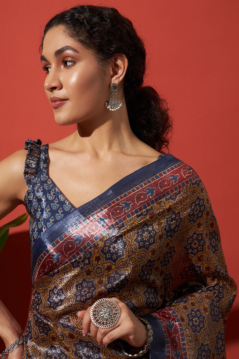Ajrakh Prints Rich Mustard Blue Crush Gold Tissue Saree