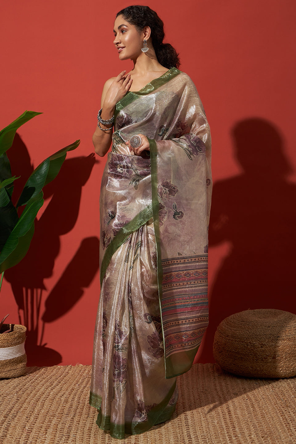 Digital Cream White Crush Gold Tissue Saree