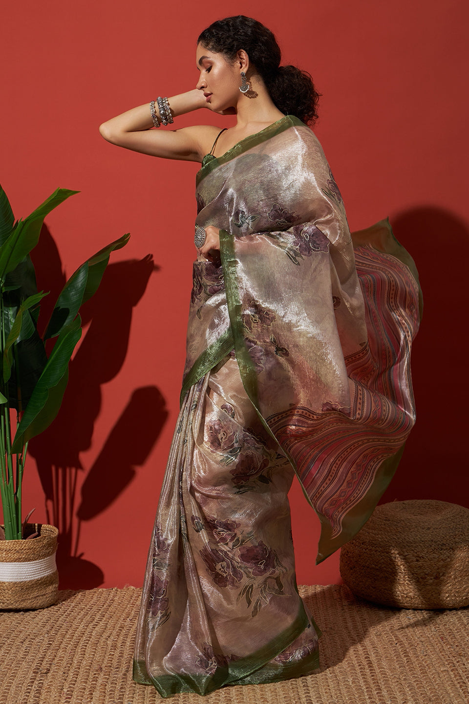 Digital Cream White Crush Gold Tissue Saree