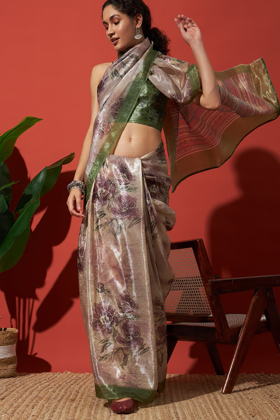 Digital Cream White Crush Gold Tissue Saree