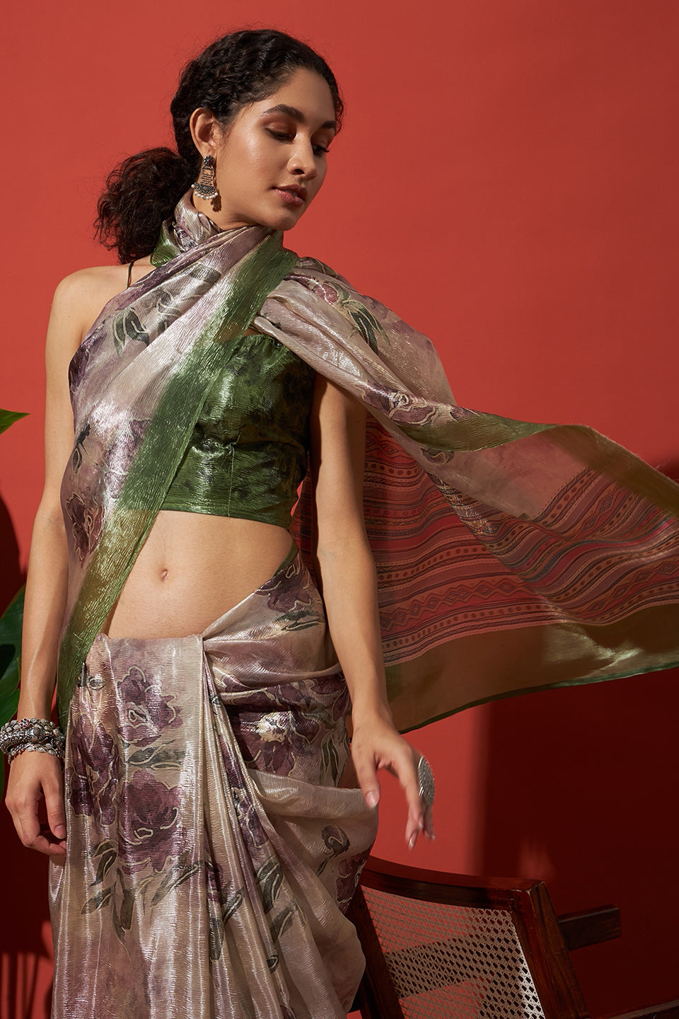 Digital Cream White Crush Gold Tissue Saree