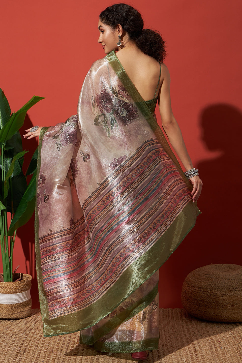 Digital Cream White Crush Gold Tissue Saree