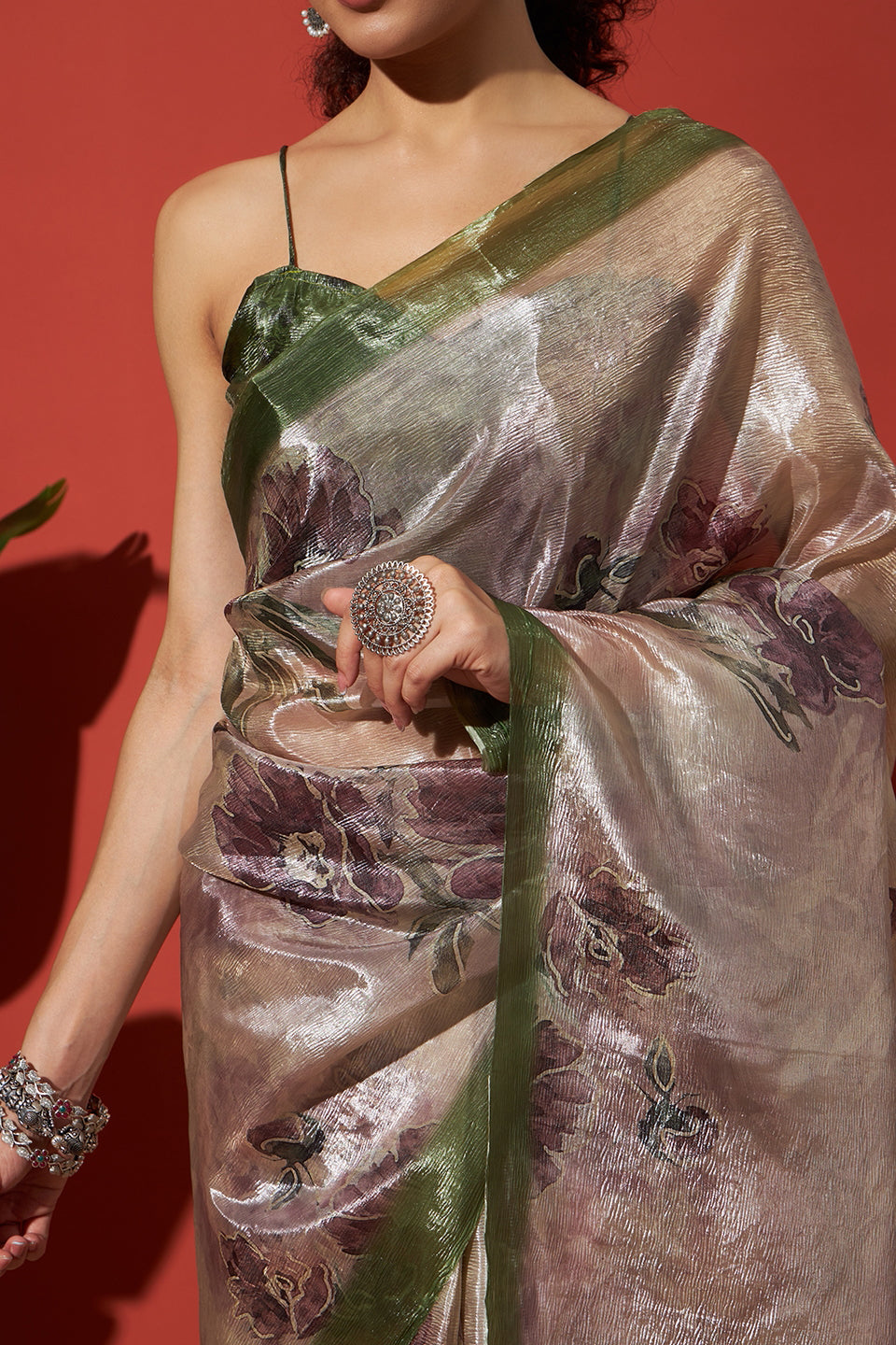 Digital Cream White Crush Gold Tissue Saree