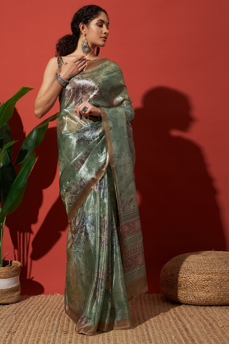 Digital Floral Prints Light Green Gold Tissue Saree