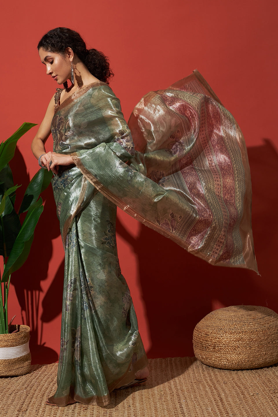 Digital Floral Prints Light Green Gold Tissue Saree