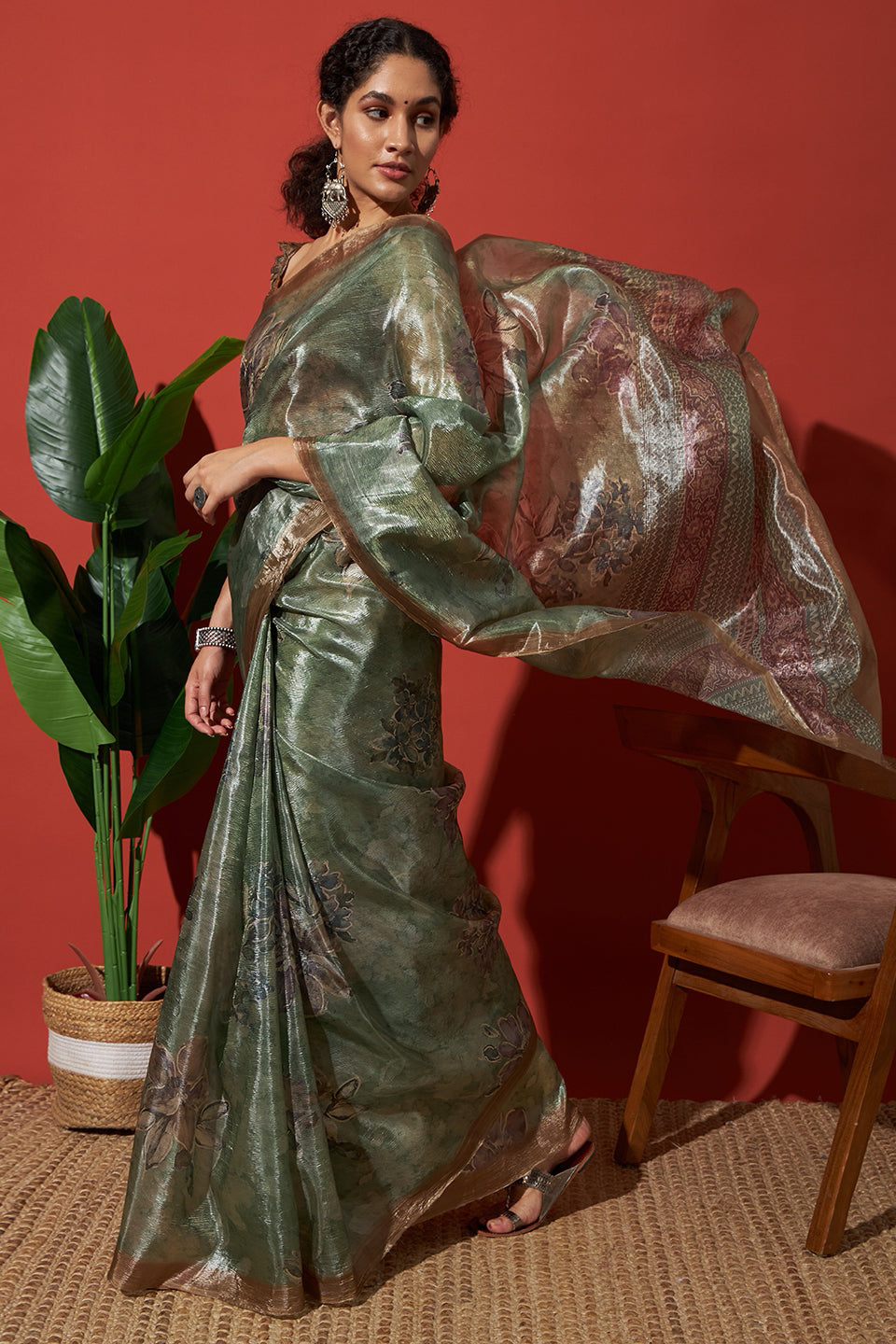 Digital Floral Prints Light Green Gold Tissue Saree