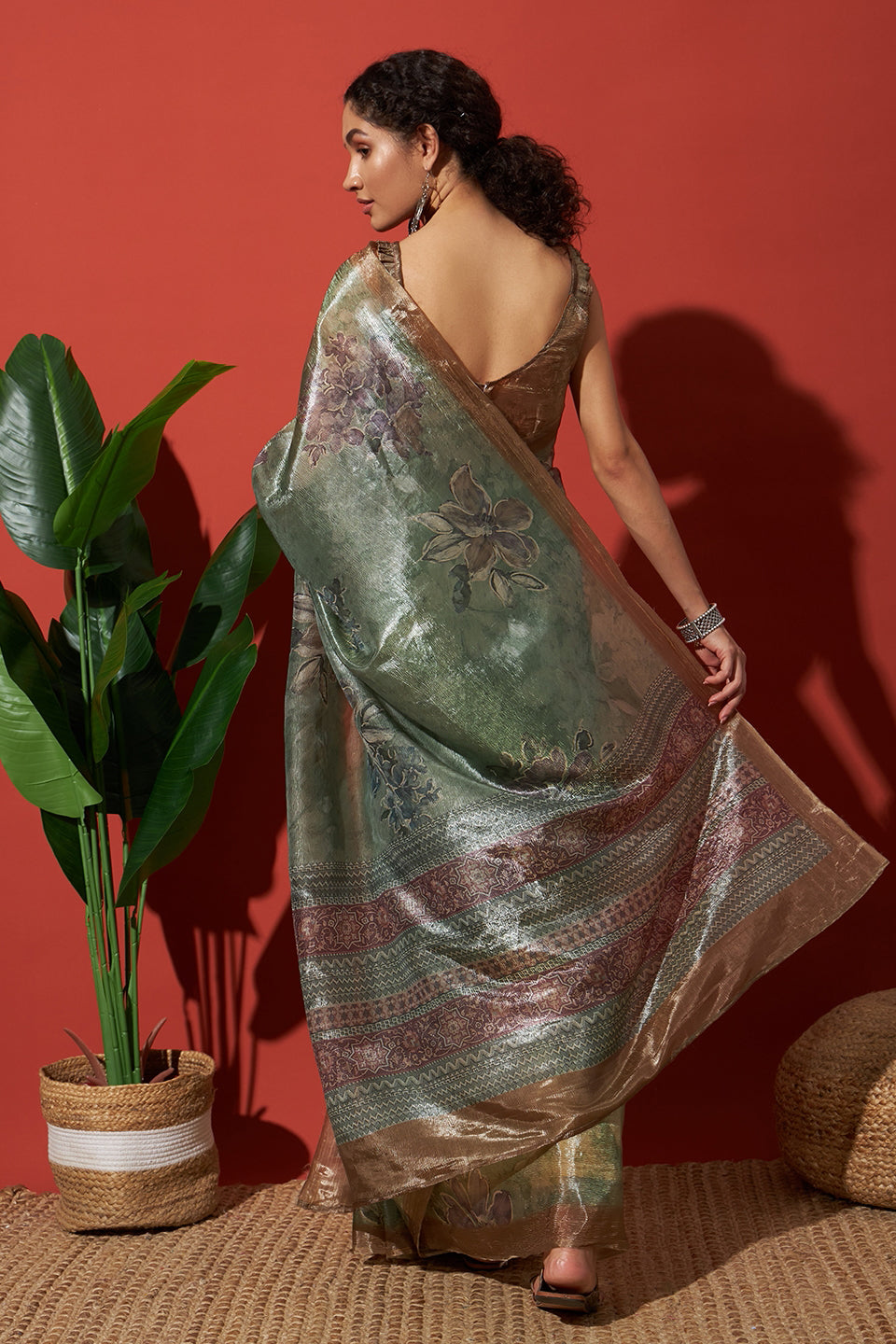 Digital Floral Prints Light Green Gold Tissue Saree