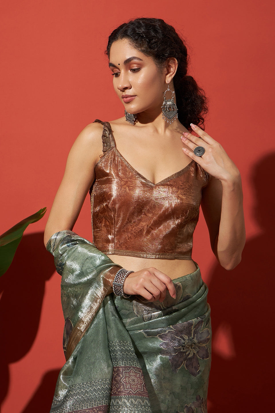 Digital Floral Prints Light Green Gold Tissue Saree