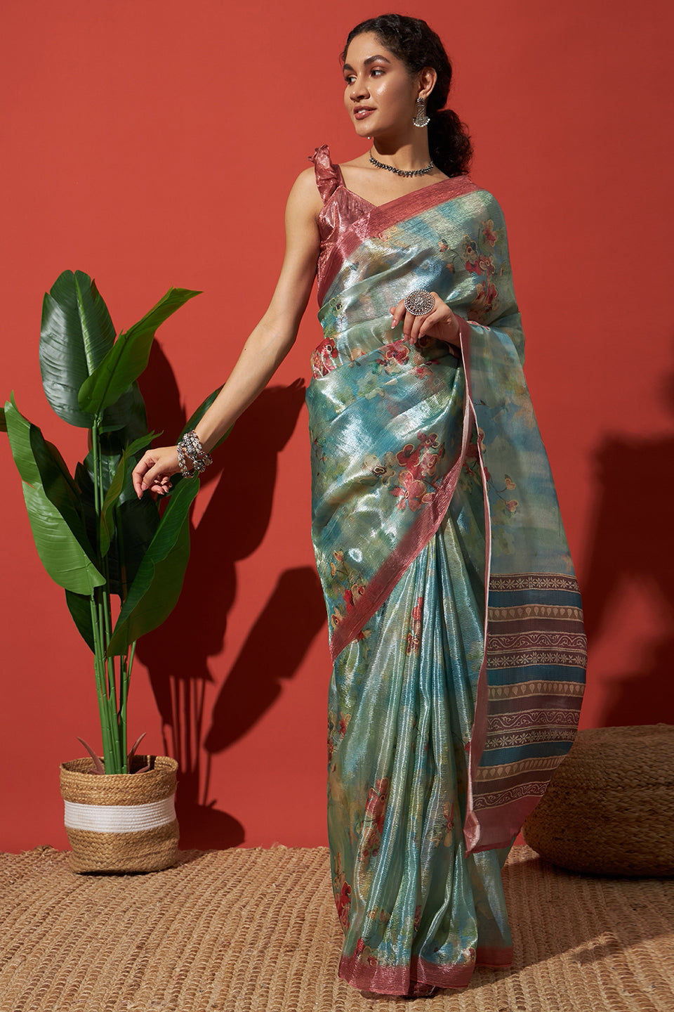 Digital Floral Prints Blue Crush Gold Tissue Saree