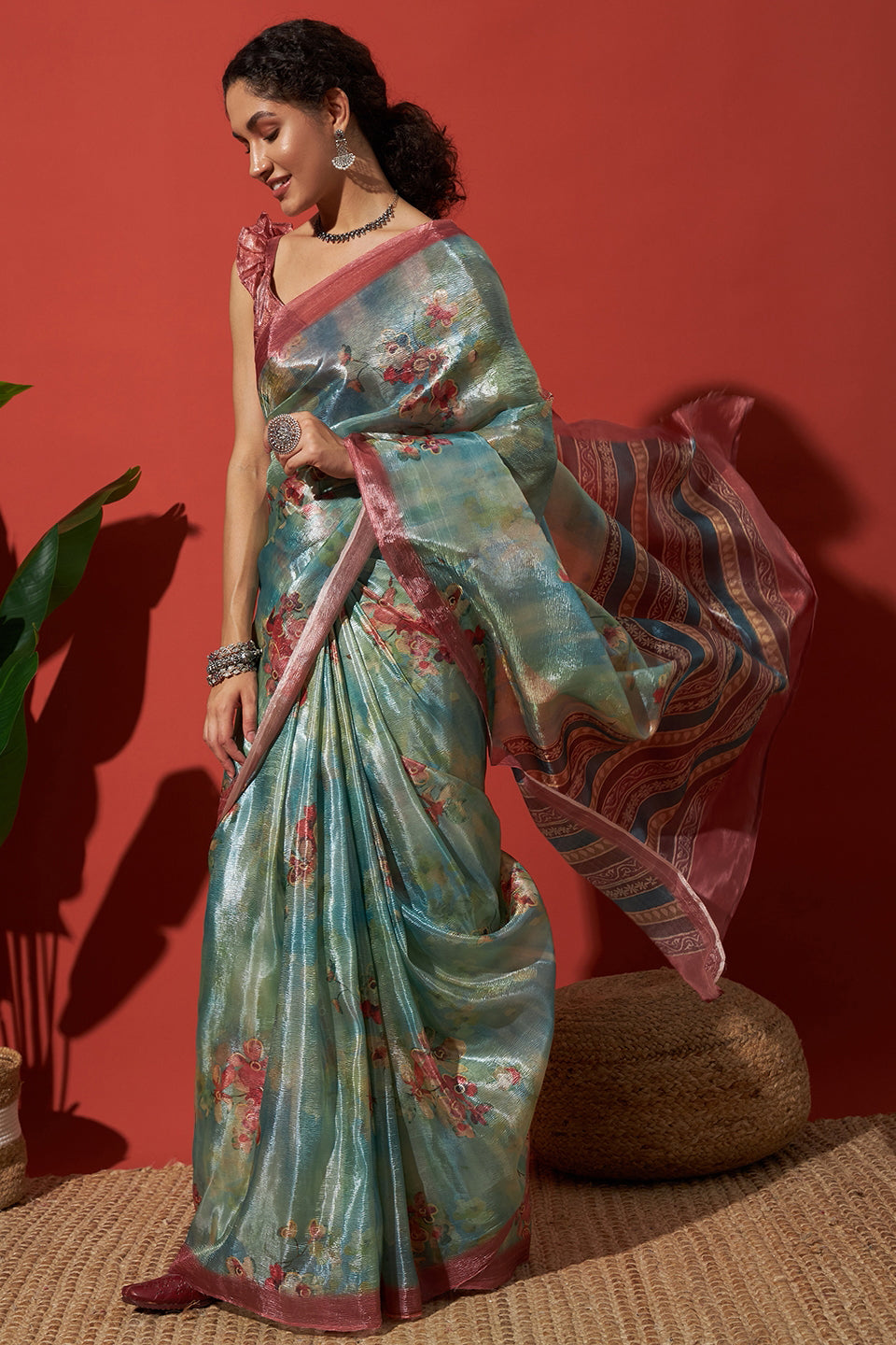 Digital Floral Prints Blue Crush Gold Tissue Saree