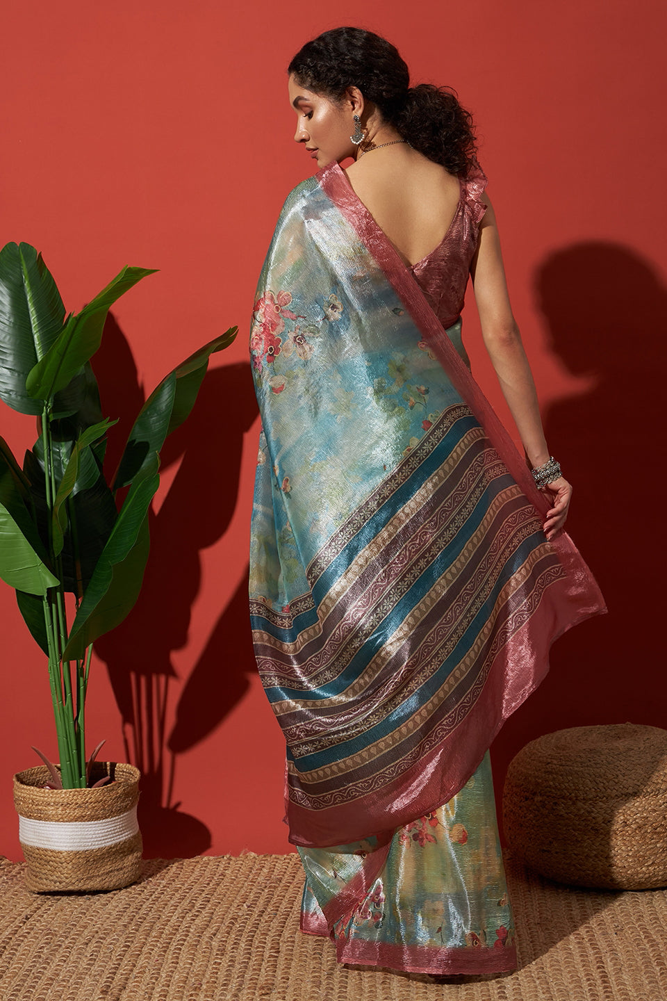 Digital Floral Prints Blue Crush Gold Tissue Saree
