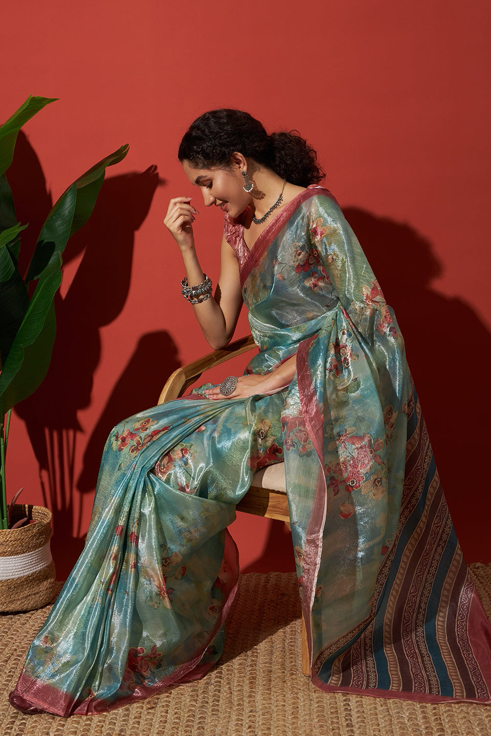 Digital Floral Prints Blue Crush Gold Tissue Saree