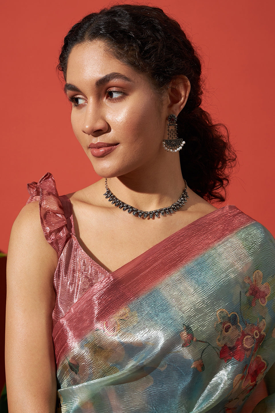 Digital Floral Prints Blue Crush Gold Tissue Saree