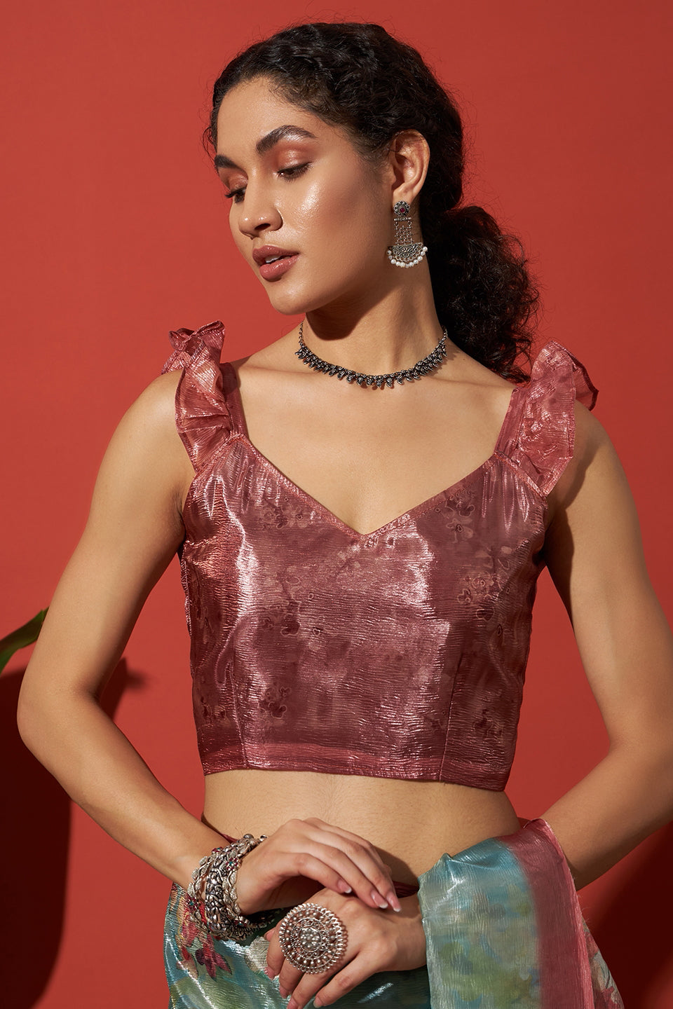 Digital Floral Prints Blue Crush Gold Tissue Saree