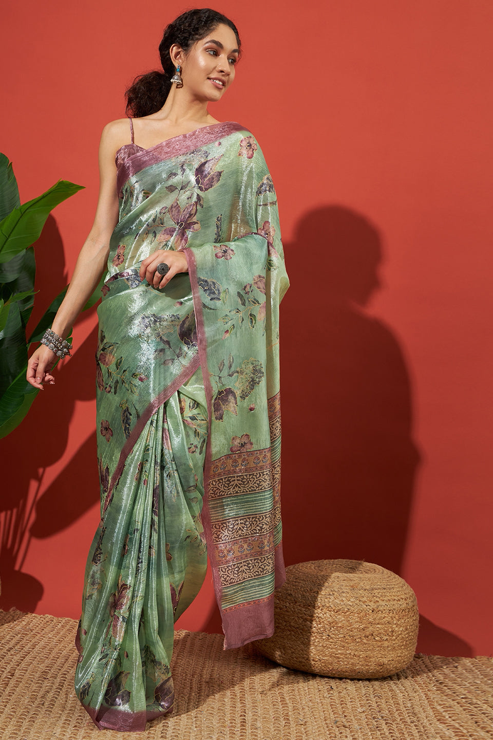 Digital Floral Prints Light Green Gold Tissue Saree
