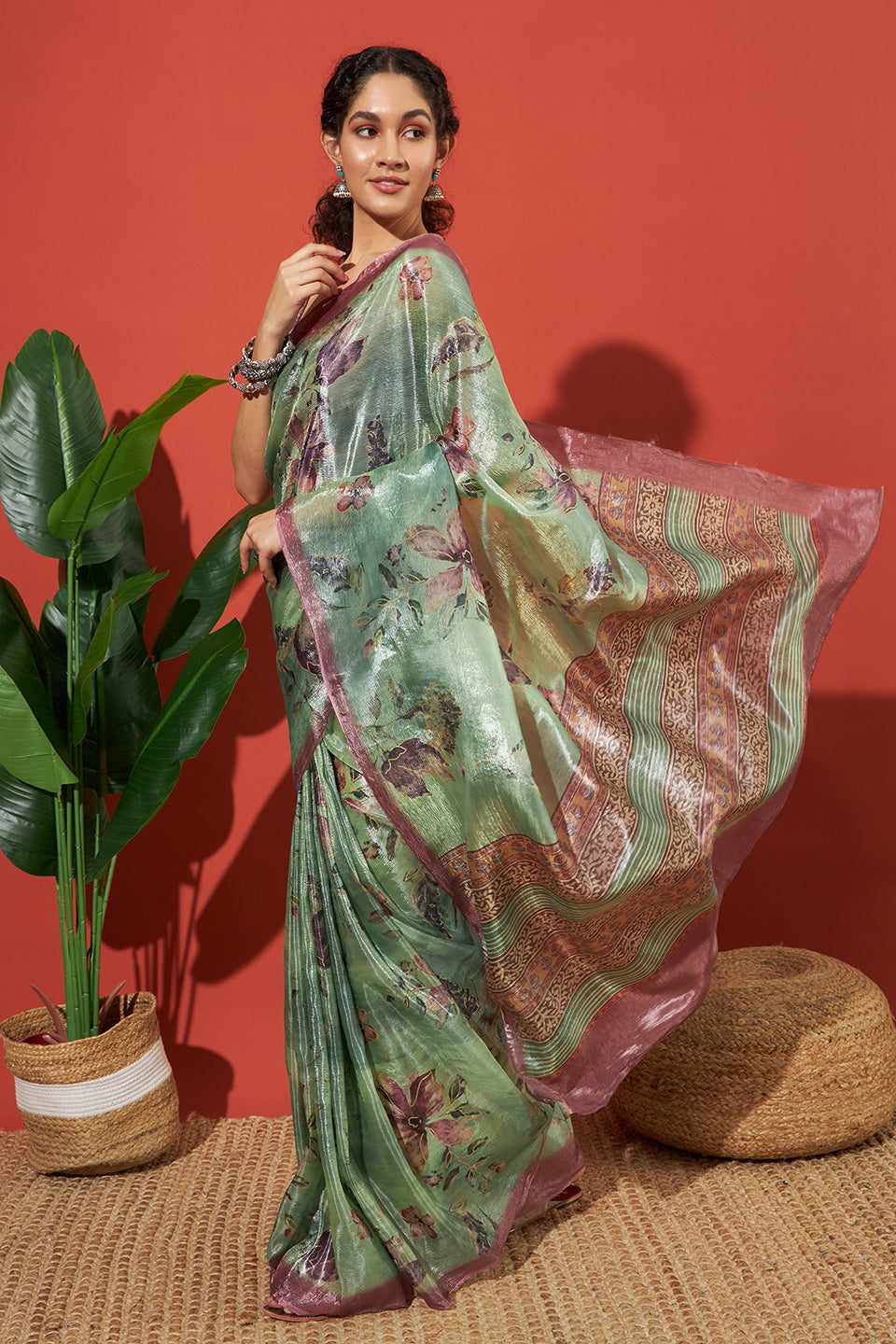 Digital Floral Prints Light Green Gold Tissue Saree