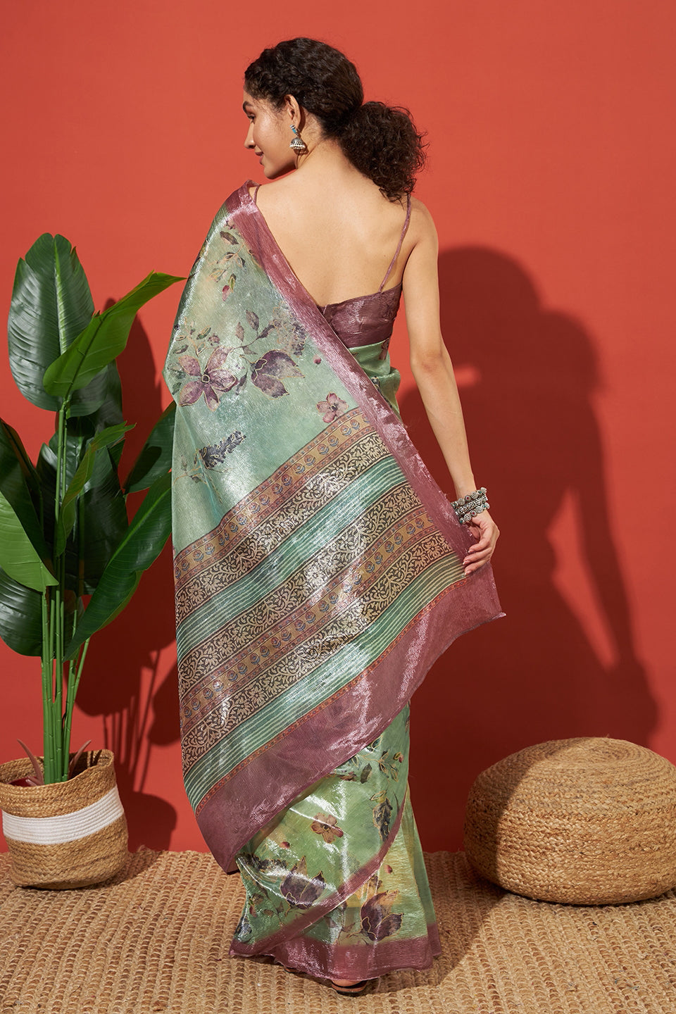 Digital Floral Prints Light Green Gold Tissue Saree