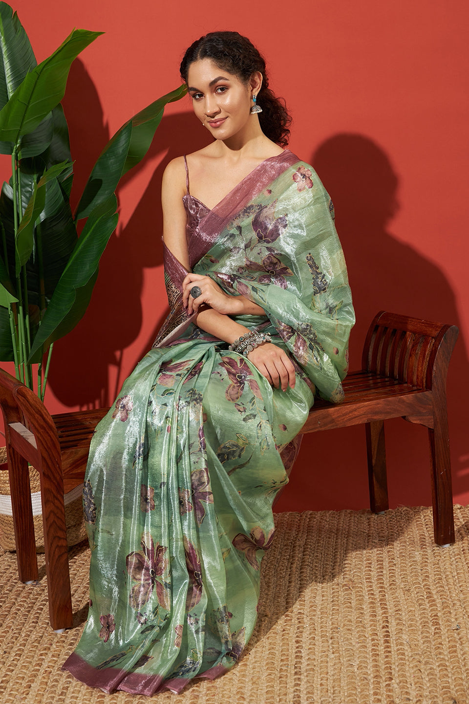 Digital Floral Prints Light Green Gold Tissue Saree