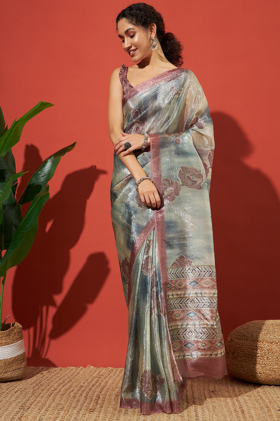 Digital Floral Prints Silver White Gold Tissue Saree
