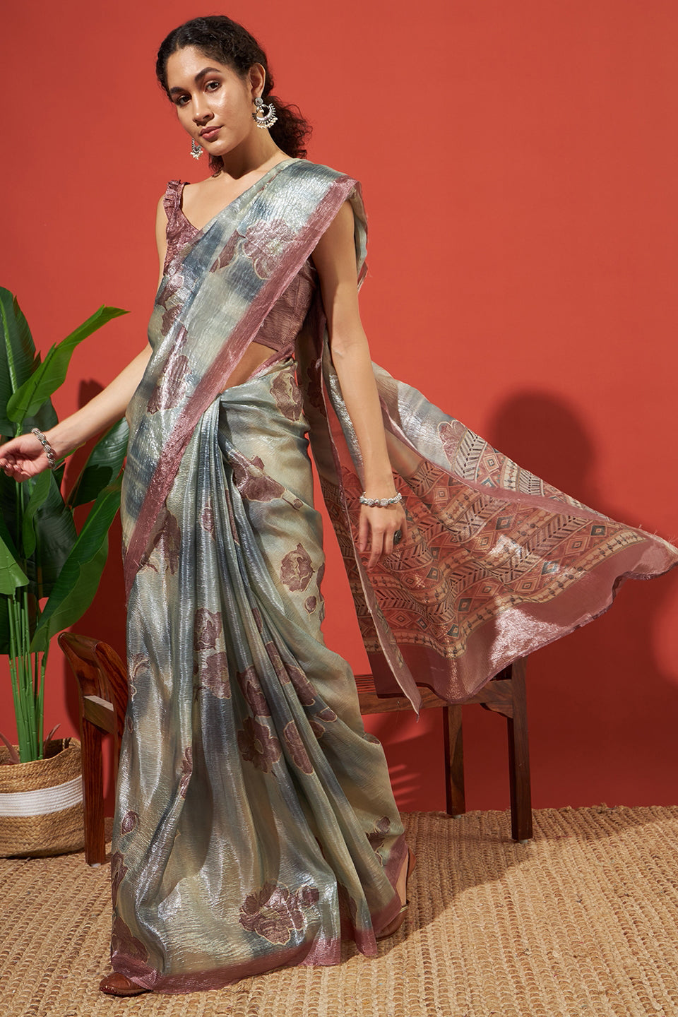Digital Floral Prints Silver White Gold Tissue Saree