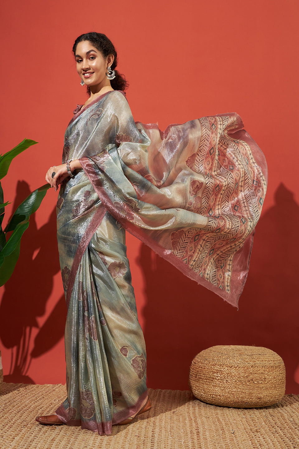 Digital Floral Prints Silver White Gold Tissue Saree