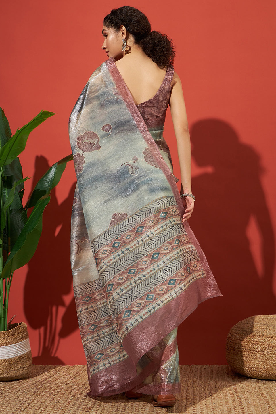 Digital Floral Prints Silver White Gold Tissue Saree