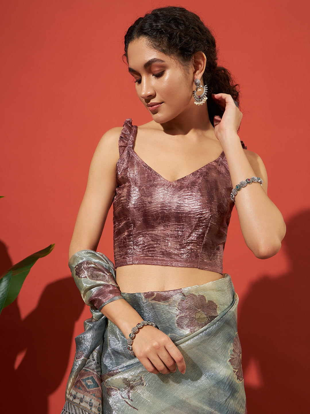 Digital Floral Prints Silver White Gold Tissue Saree