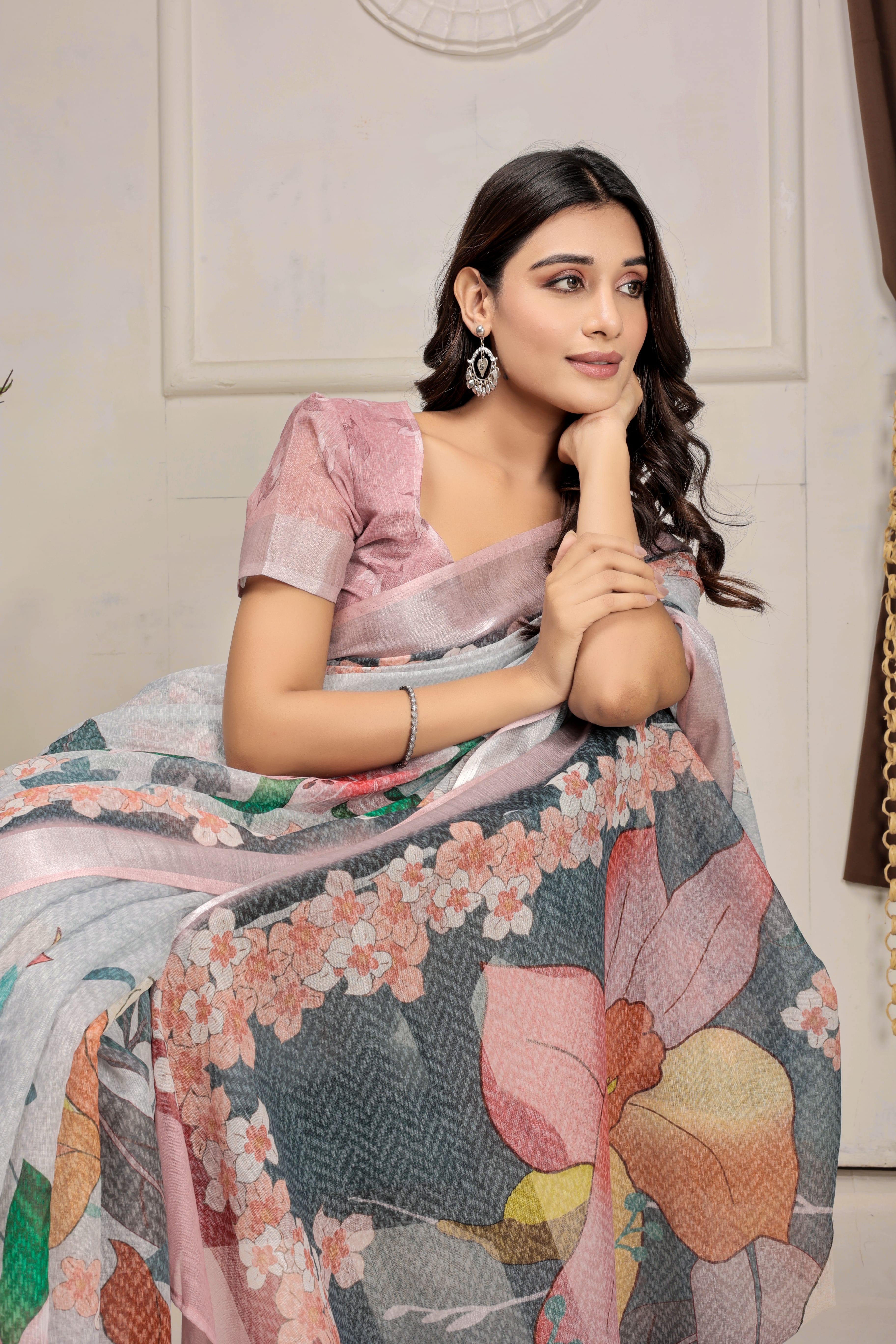 Digital Printed Linen Blend Saree with Zari Border