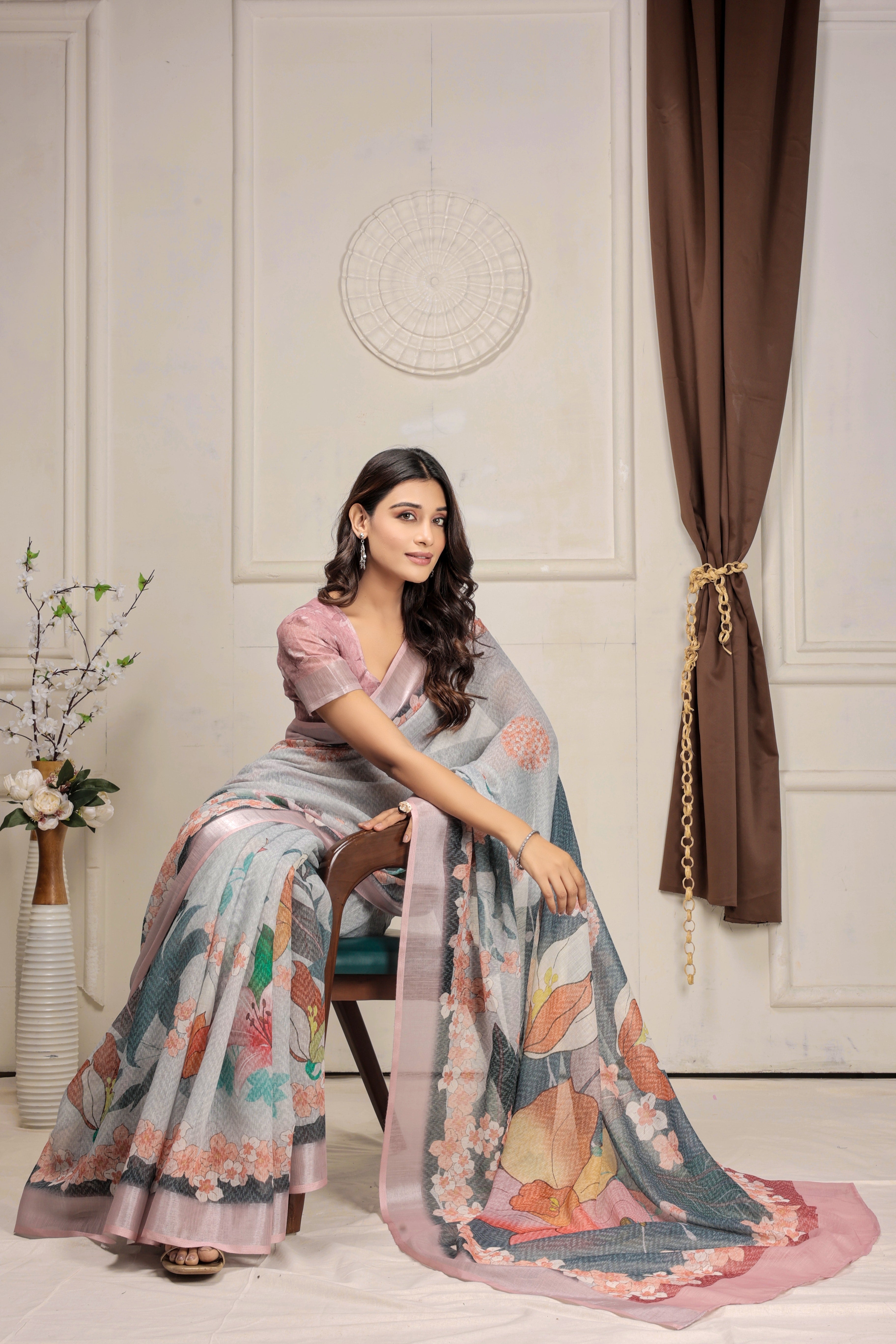 Digital Printed Linen Blend Saree with Zari Border