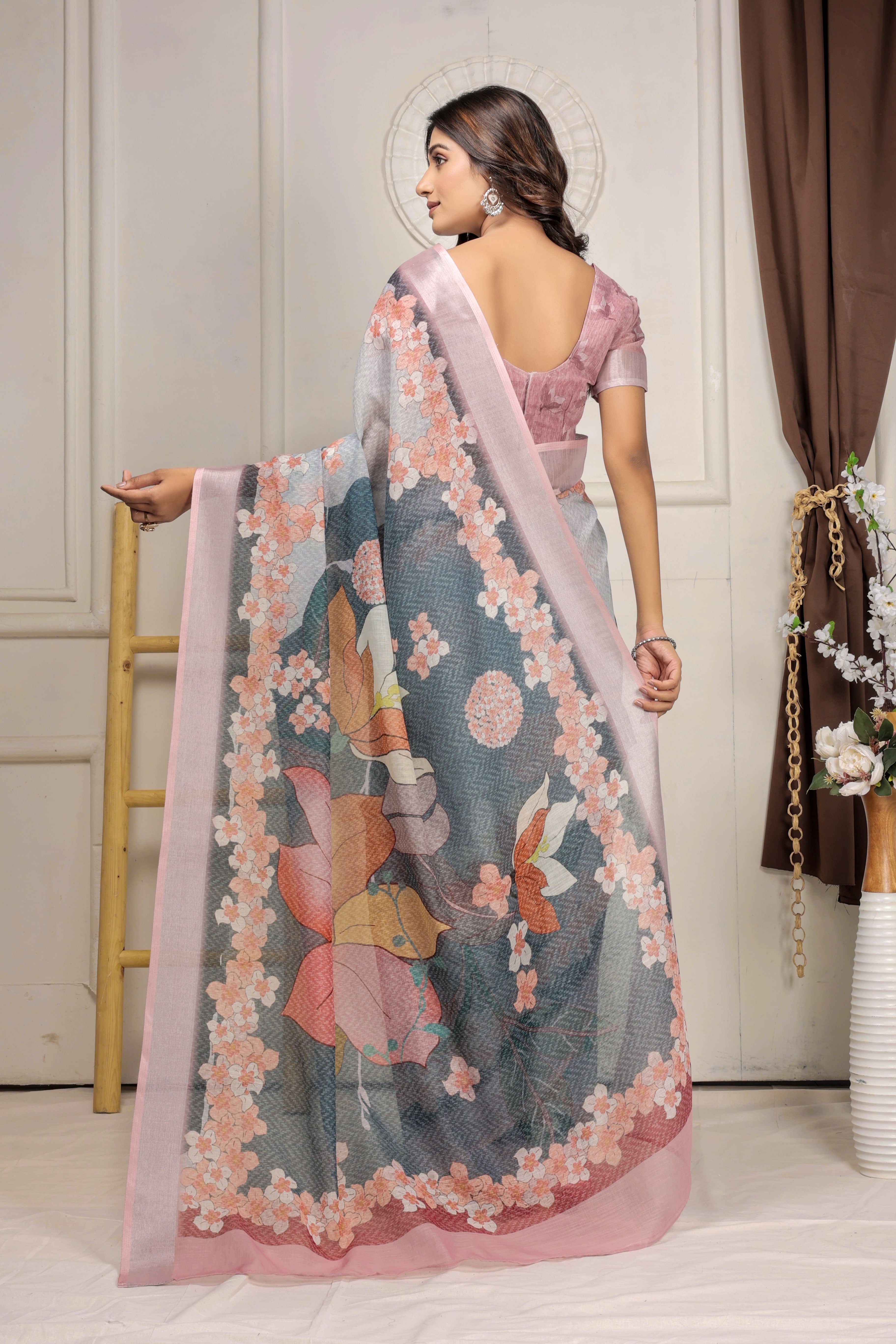 Digital Printed Linen Blend Saree with Zari Border