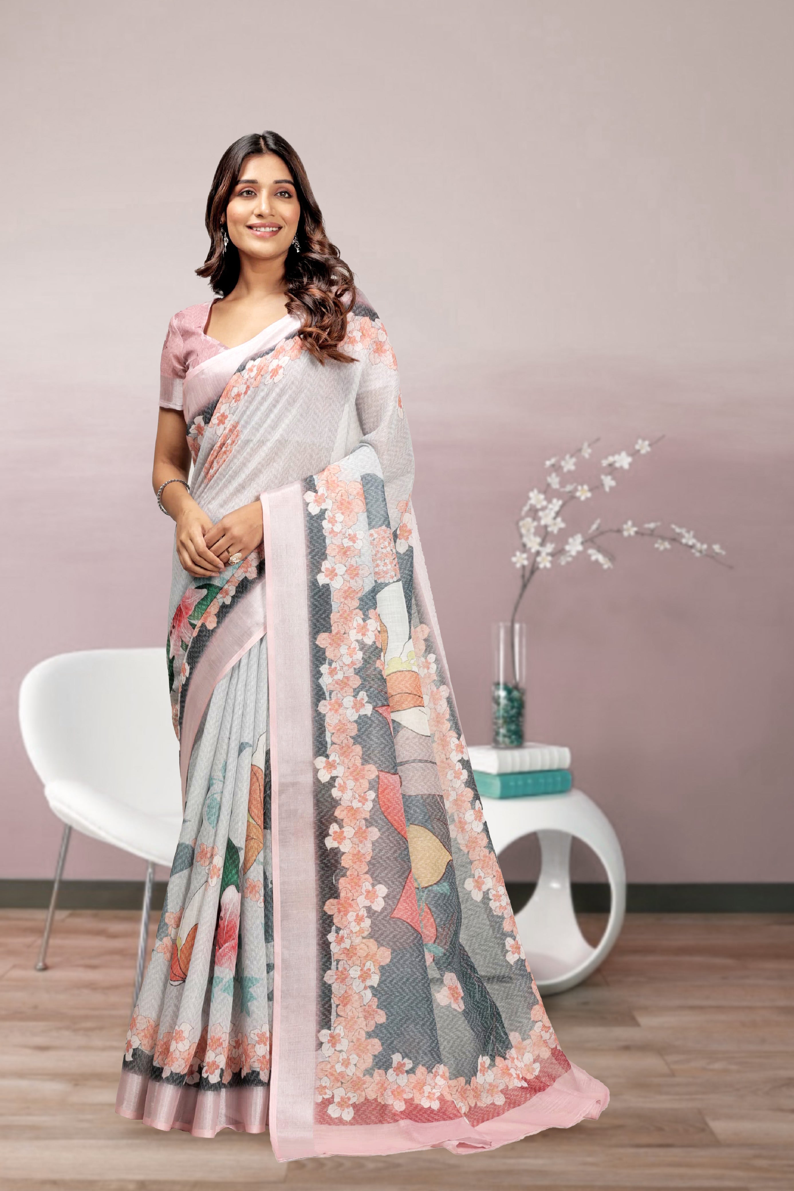 Digital Printed Linen Blend Saree with Zari Border
