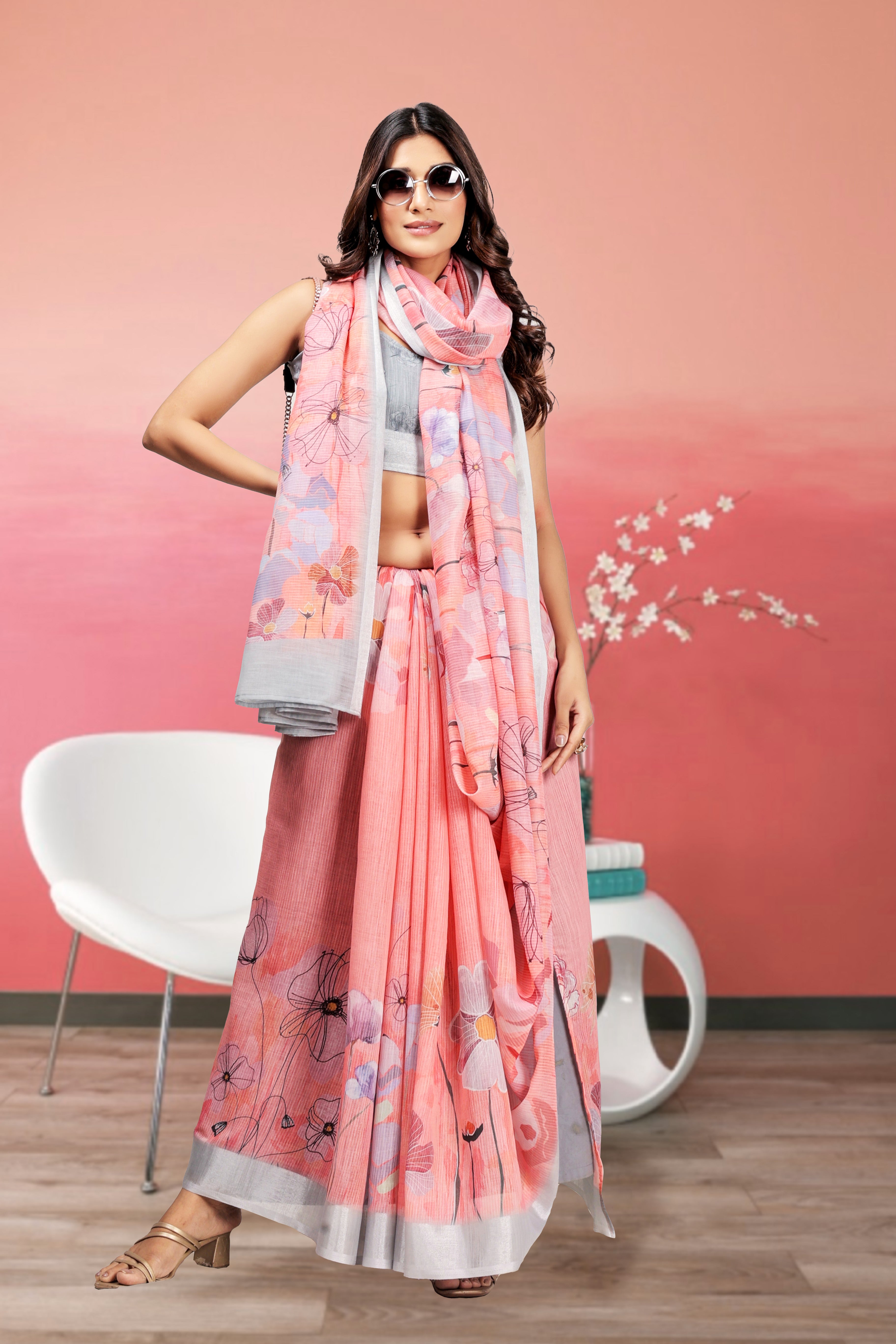 Digital Printed Linen Blend Saree with Zari Border