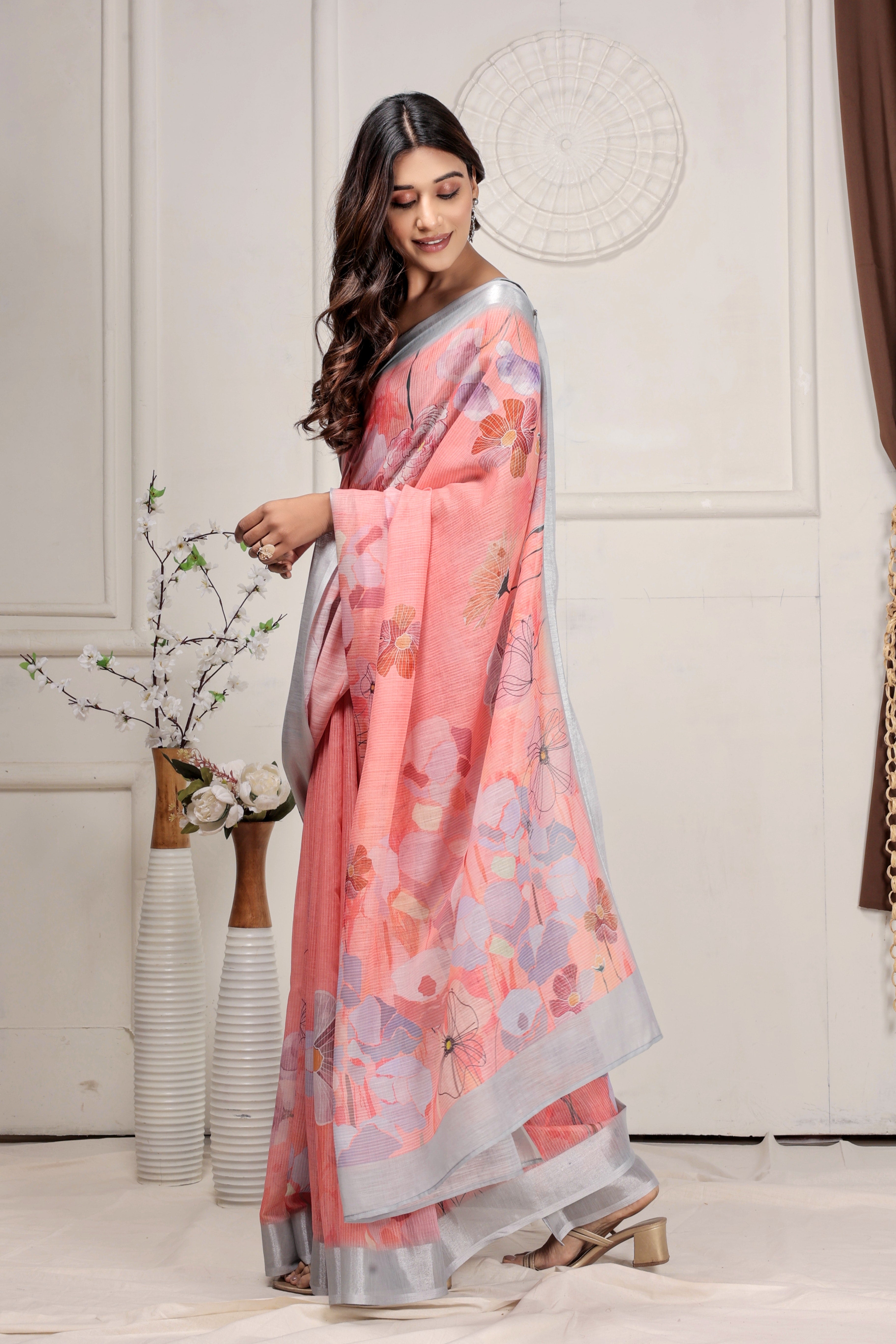 Digital Printed Linen Blend Saree with Zari Border