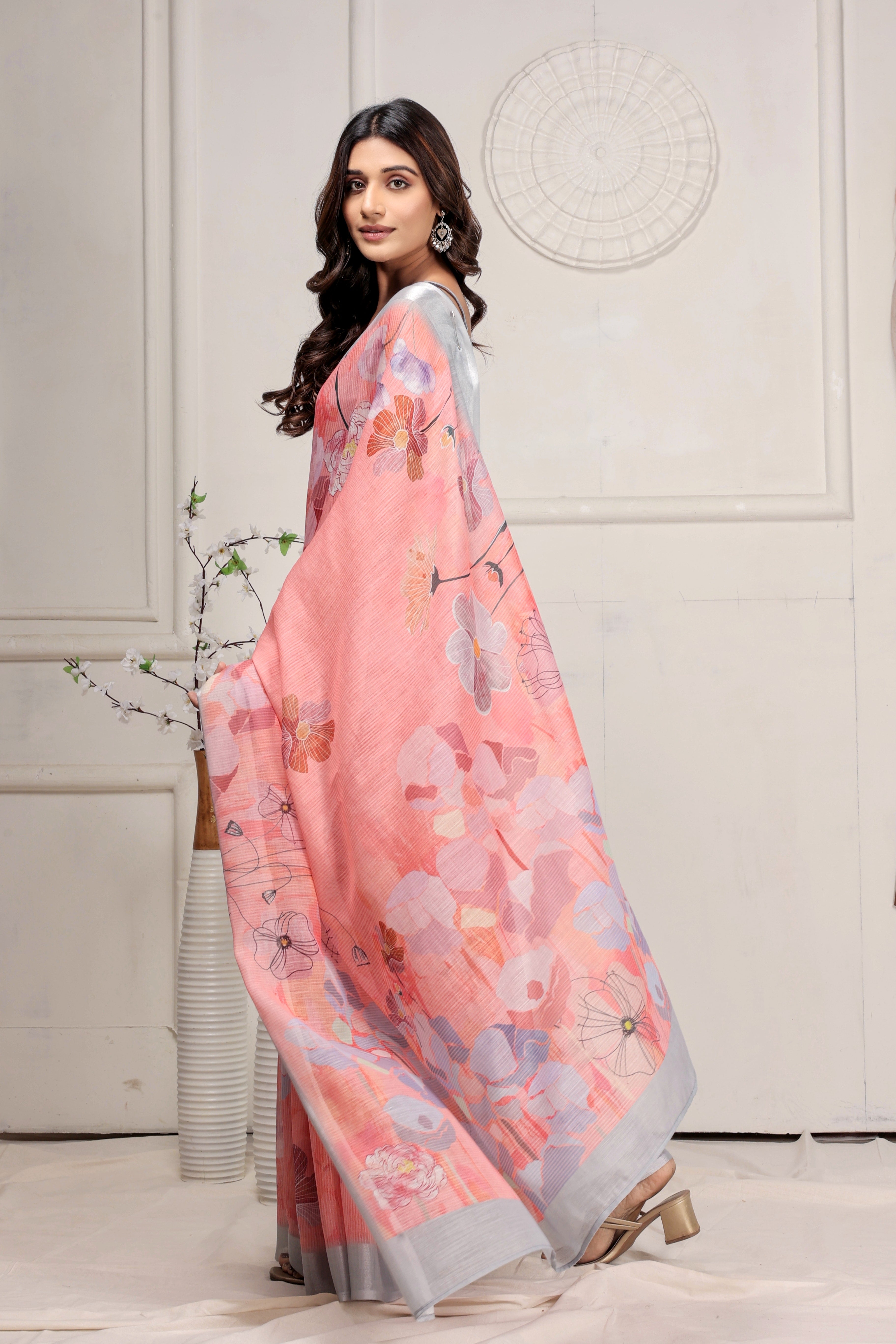 Digital Printed Linen Blend Saree with Zari Border