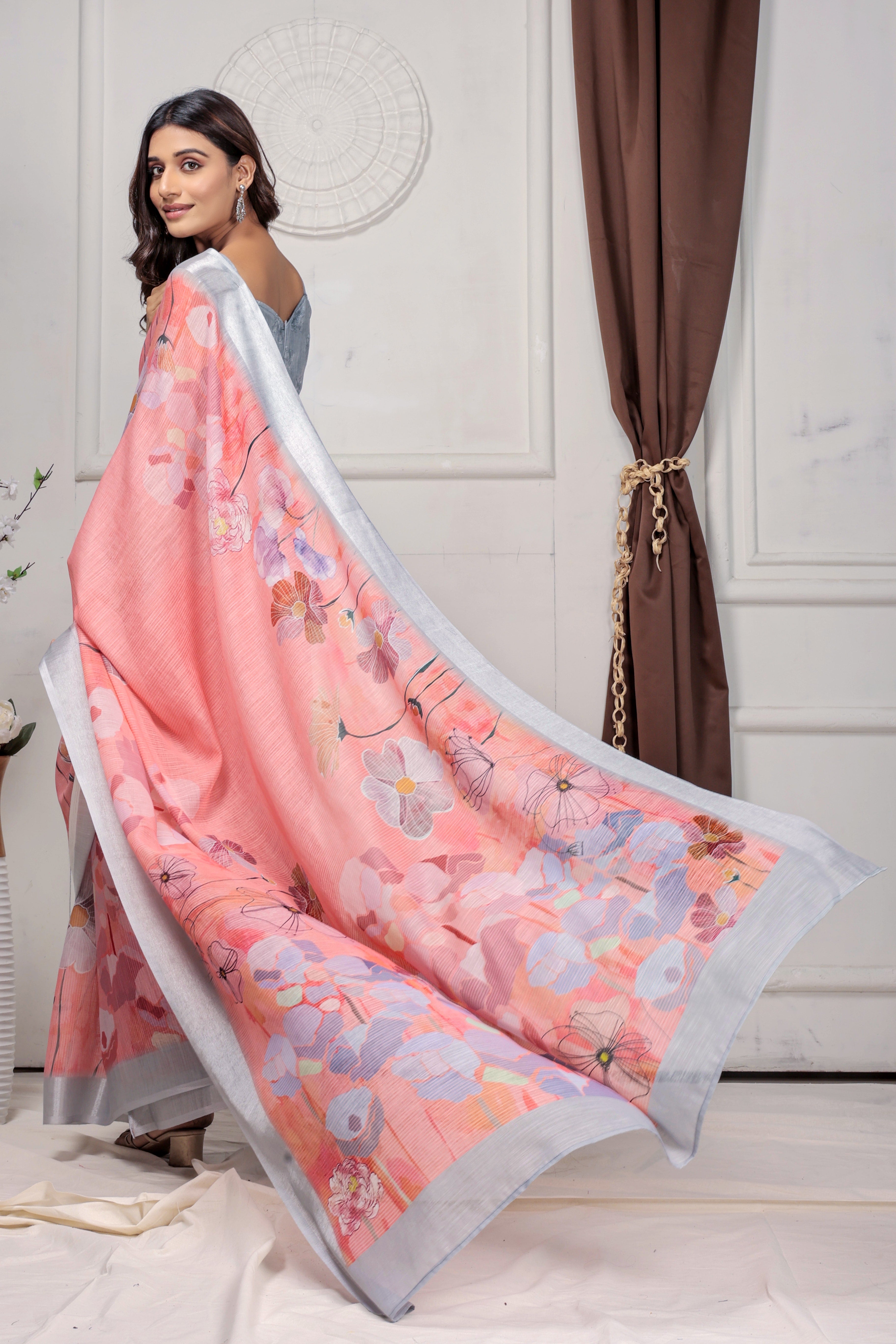 Digital Printed Linen Blend Saree with Zari Border