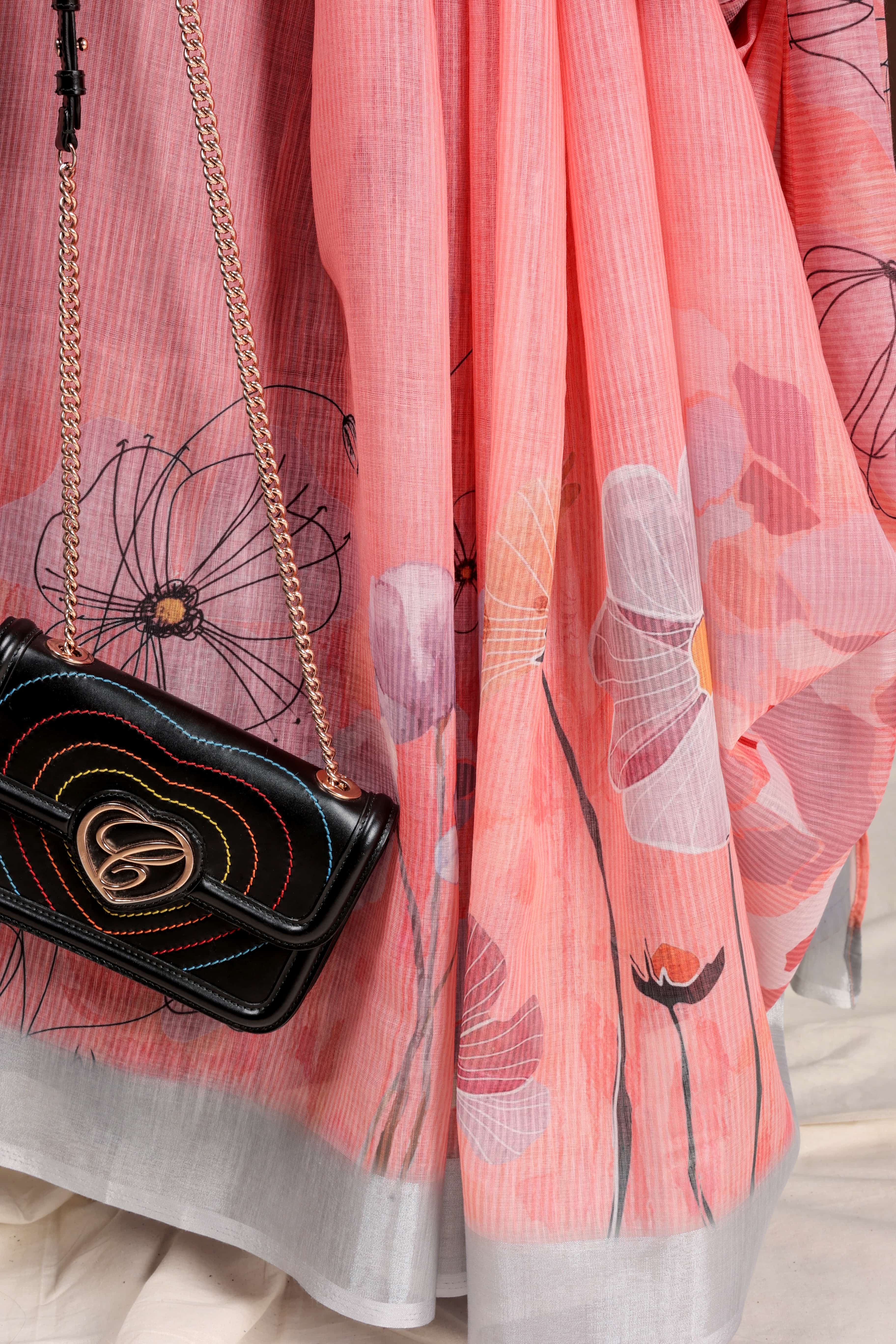 Digital Printed Linen Blend Saree with Zari Border